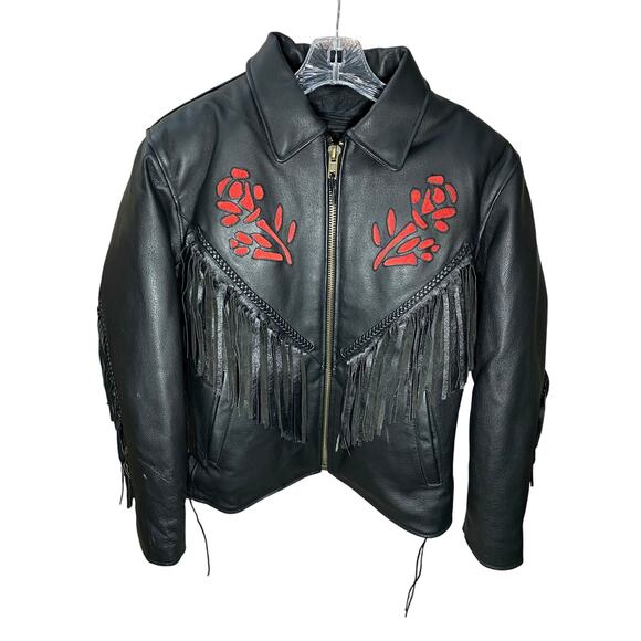 NWOT Women’s Black Fringe Leather Motorcycle Jacket Size Large Rose Inserts - Picture 3 of 15